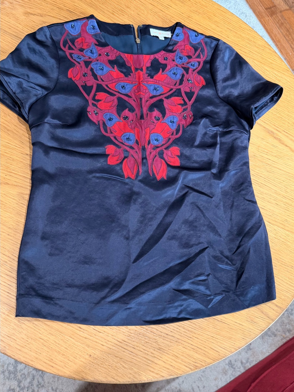 Tory Burch Navy Satin Strapless Bustier with Red & Blue Floral Embroidery
